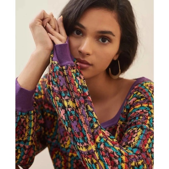 Farm Rio Granny Square Multicolor Boat Neck Geometric Knitted Crochet Sweater S - Picture 3 of 14